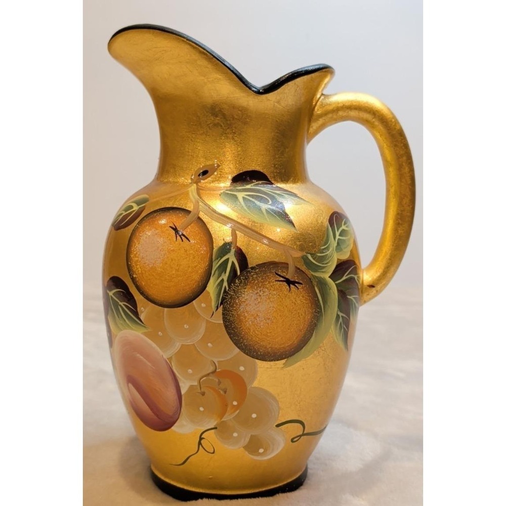 Vintage Gold Gilt Hand Painted Fruit Pitcher Vase Art Glass Japan Style